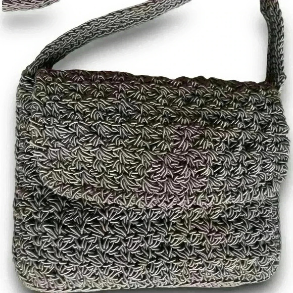 Vtg Gap Crochet Knitted Crossbody Mini Purse Tote Snap Closure Flap Woven Grey - Picture 2 of 11
